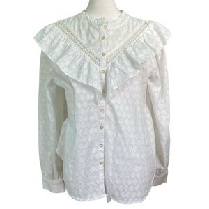 Loft White Ruffle Button Up Blouse Long Sleeve Prairie Western Textured (Size M)